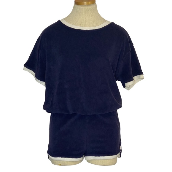 NEW ZARA Retro Navy Blue Terrycloth One Piece Romper White Trim Cozy Lounge M - Picture 2 of 12